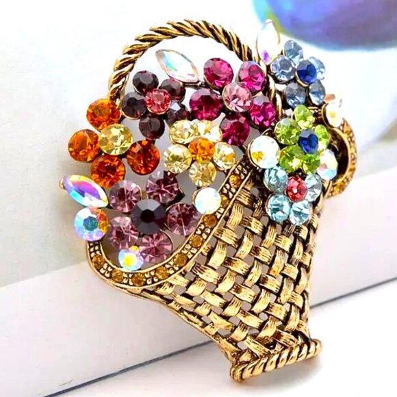 Flower Brooch Bouquet Basket Rhinestone Pin Jewels Gems Crystal Gold Colorful - Picture 1 of 4